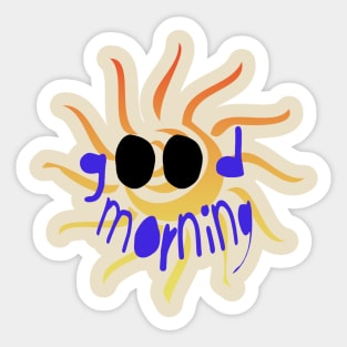 Good morning, blue handwritten letters, greeting the day, against the background of an orange sun Sticker